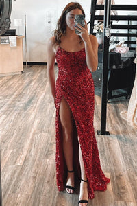Mermaid Red Sequin Long Prom Dress with Slit