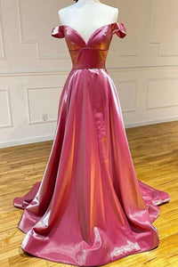 Off the Shoulder Pink A-line Long Formal Dress