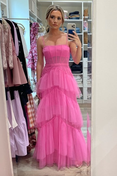 Princess Hot Pink Tulle Tiered Long Dress