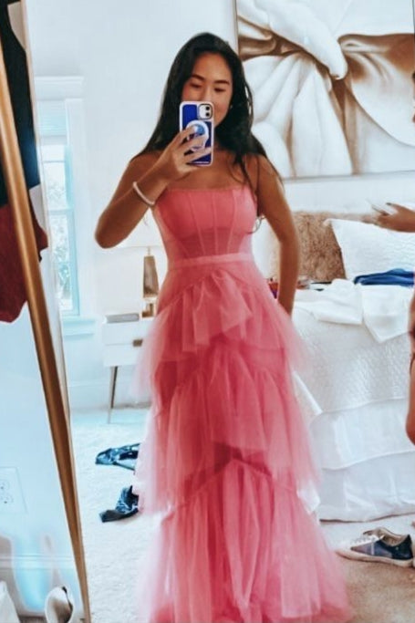 Princess Hot Pink Tulle Tiered Long Dress