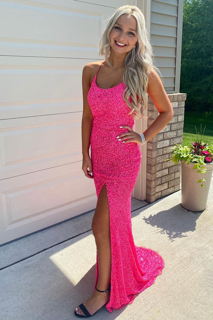 Glitters Hot Pink Mermaid Long Prom Dress with Slit