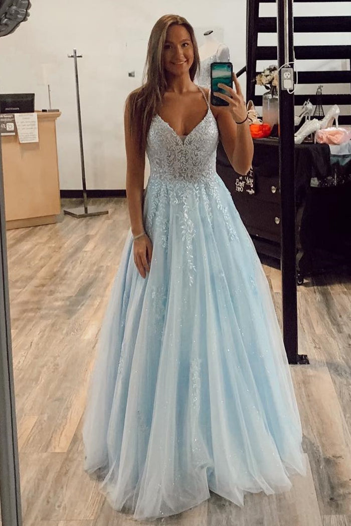 Straps Light Blue A-line Long Formal Dress