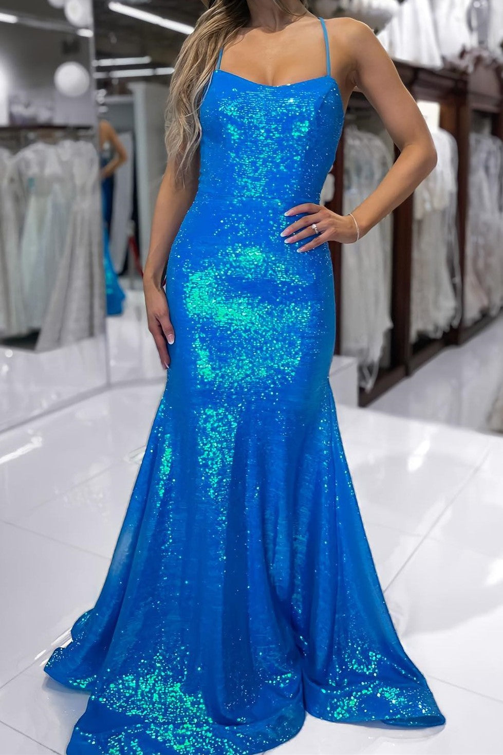 Spaghetti Straps Orange Mermaid Long Formal Dress