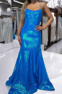 Spaghetti Straps Orange Mermaid Long Formal Dress