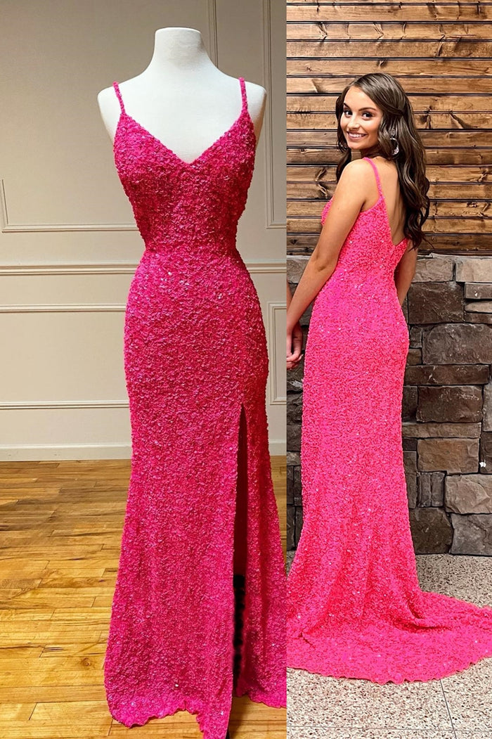 Hot Pink Sequin Spaghetti Straps Mermaid Prom Dress