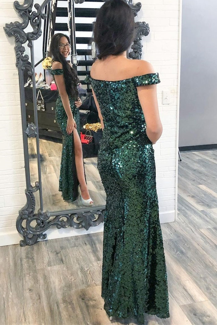 Dark Green Sequin Off the Shoulder Mermaid Long Prom Dress