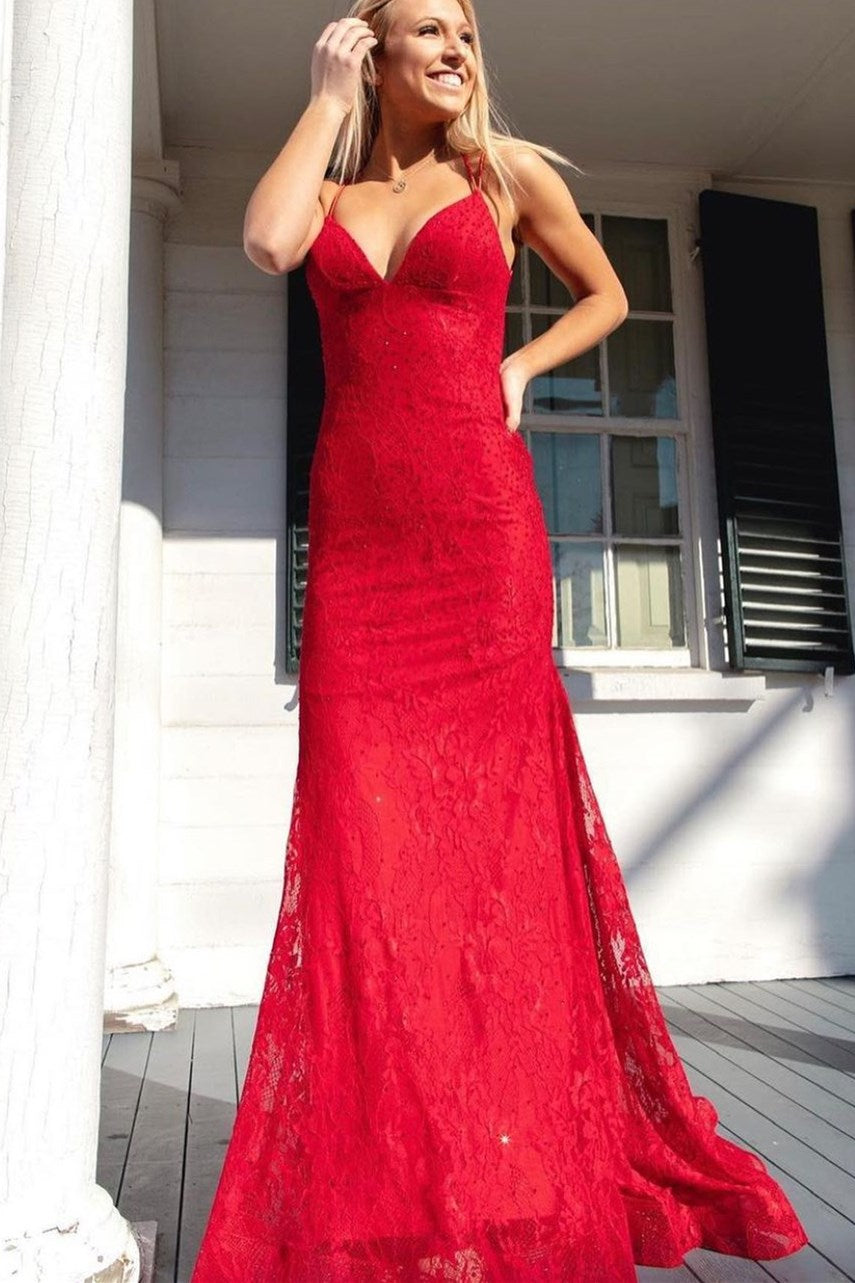 Red Lace Empire Mermaid Long Prom Dress