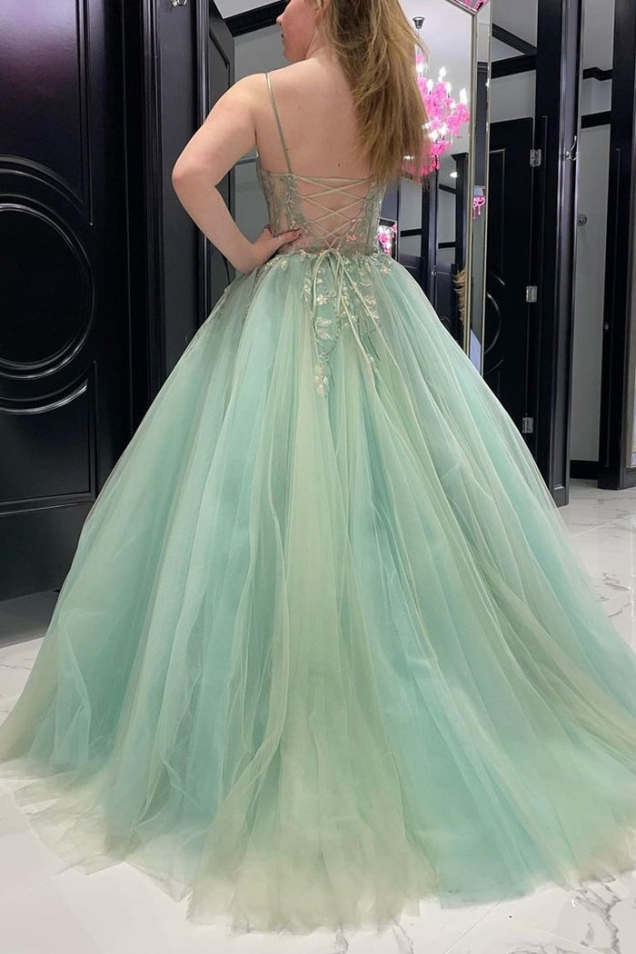 Straps Sage Green Tulle Floral Embroidery Long Prom Gown
