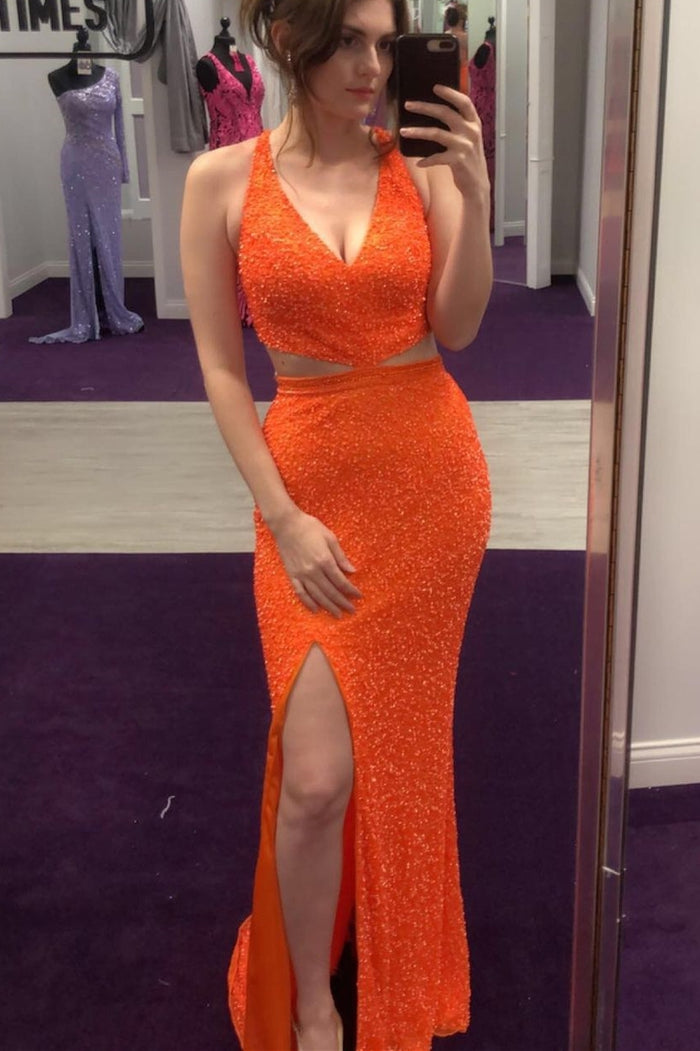 Sexy Orange Mermaid Side Slit Long Prom Dress