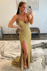 Straps Gold Sequin Mermaid Long Formal Dress