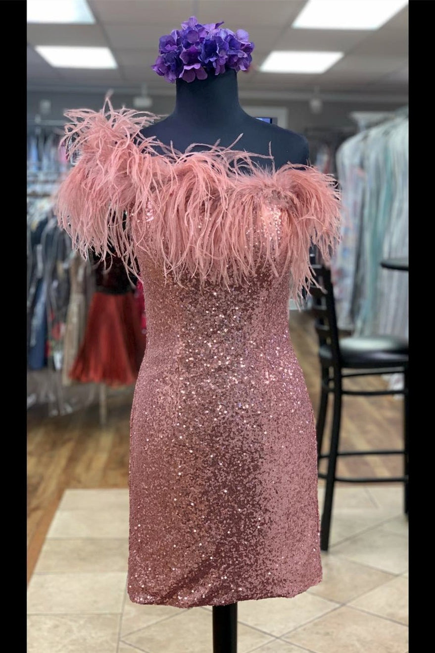 One-Shoulder Light Blue Sequins Feather Mini Homecoming Dress