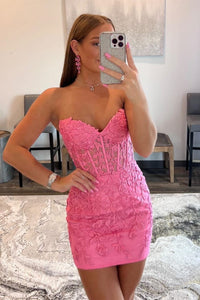 Periwinkle Blue Appliques Strapless Lace-Up Mini Party Dress