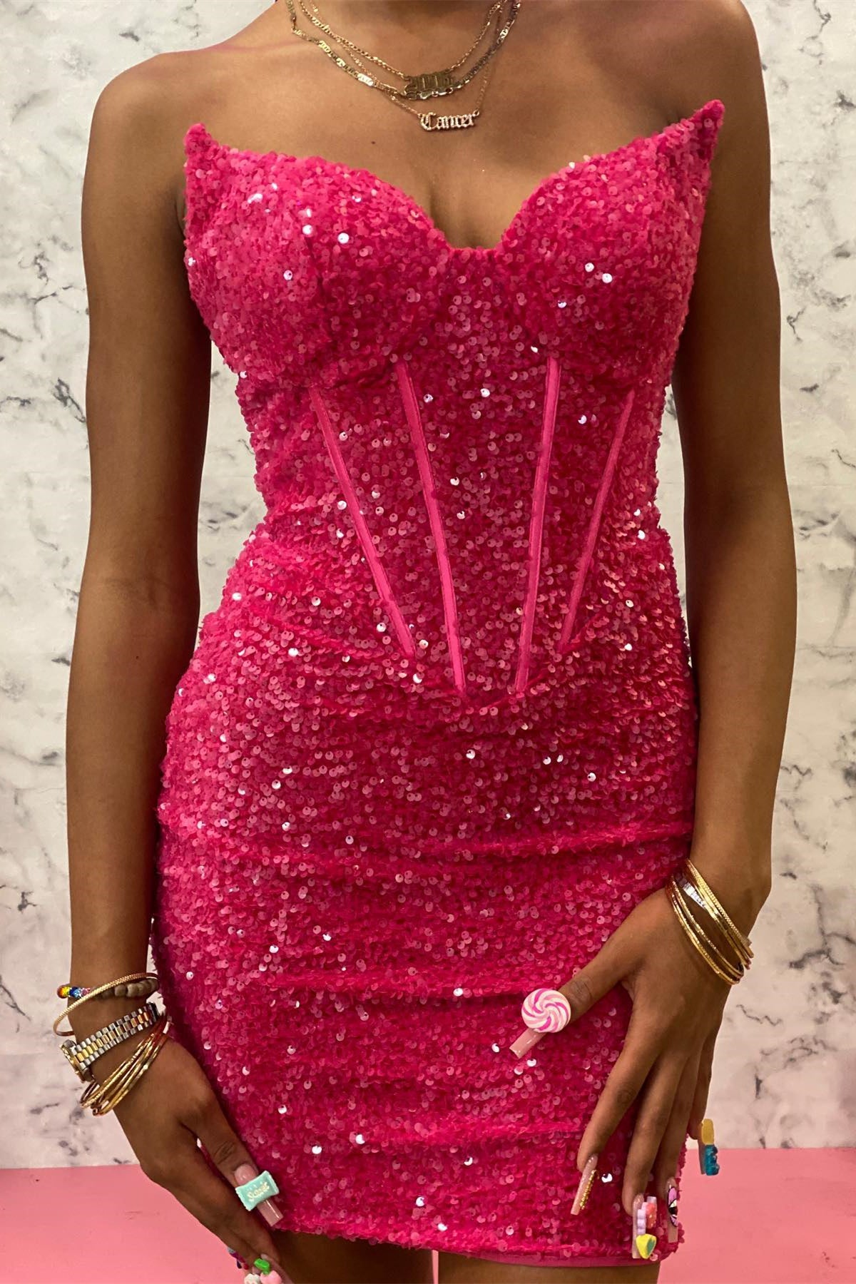 Short Red Sequin Strapless Cocktail Dress