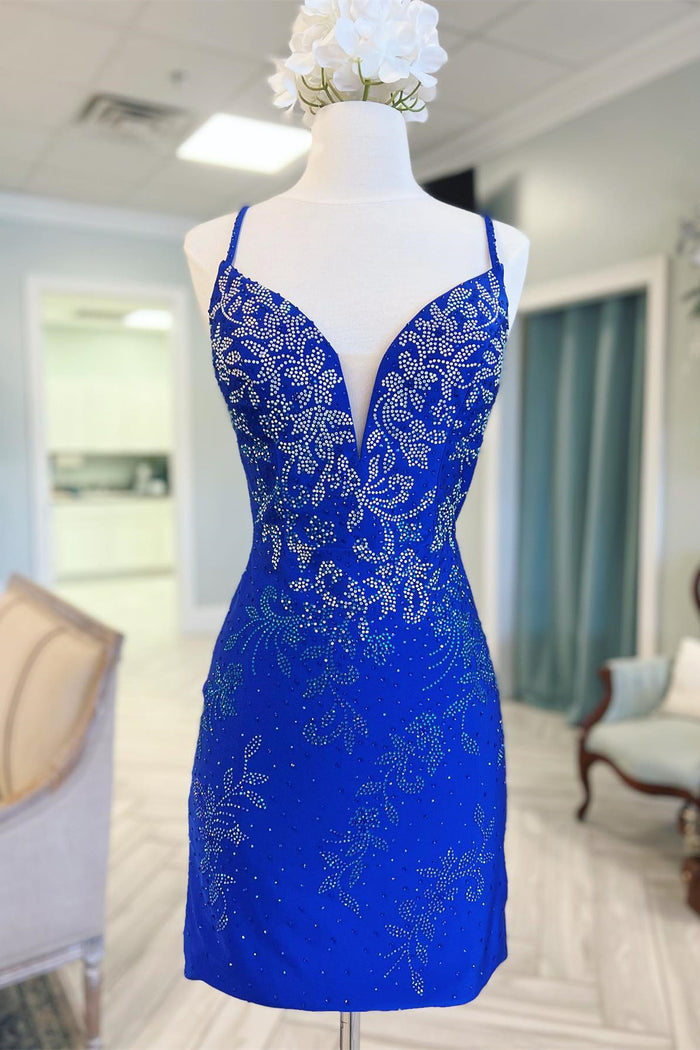 Royal Blue Beaded Plunge V Lace-Up Short Homecoming Dress