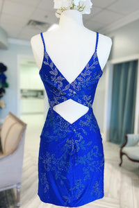 Royal Blue Beaded Plunge V Lace-Up Short Homecoming Dress
