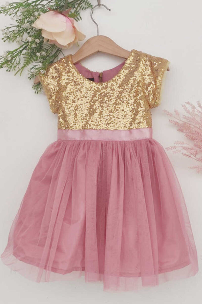 Dusty Pink Sequins Short Sleeve Flower Girl Dress