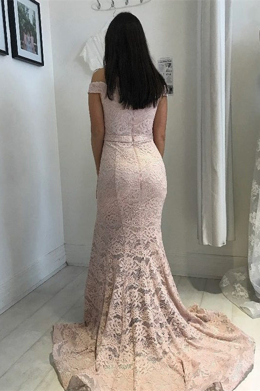 Elegant Off Shoulder Mermaid Pink Lace Bridesmaid Dress with Slit
