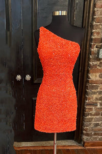 Hot Pink Sequin One-Shoulder Mini Homecoming Dress