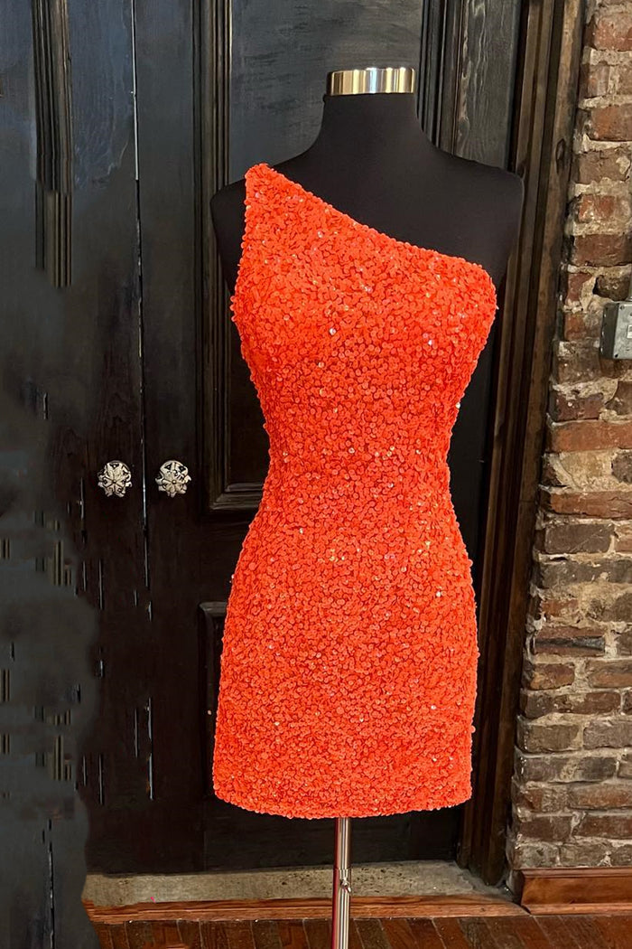 Hot Pink Sequin One-Shoulder Mini Homecoming Dress