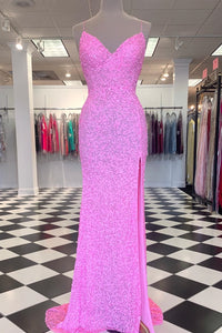 Spaghetti Straps Pink Sequins Mermaid Long Prom Dress