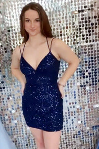 Navy Blue Sequins Lace-Up Mini Homecoming Dress