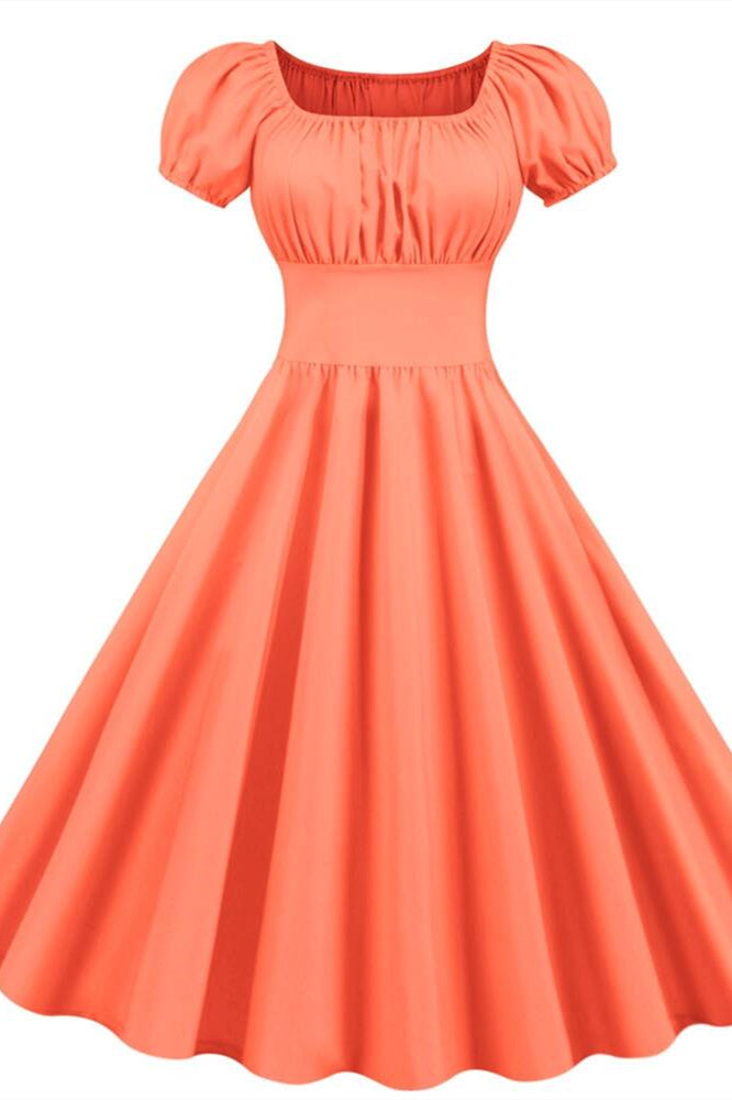 Orange Square Neck Short Swing Dress