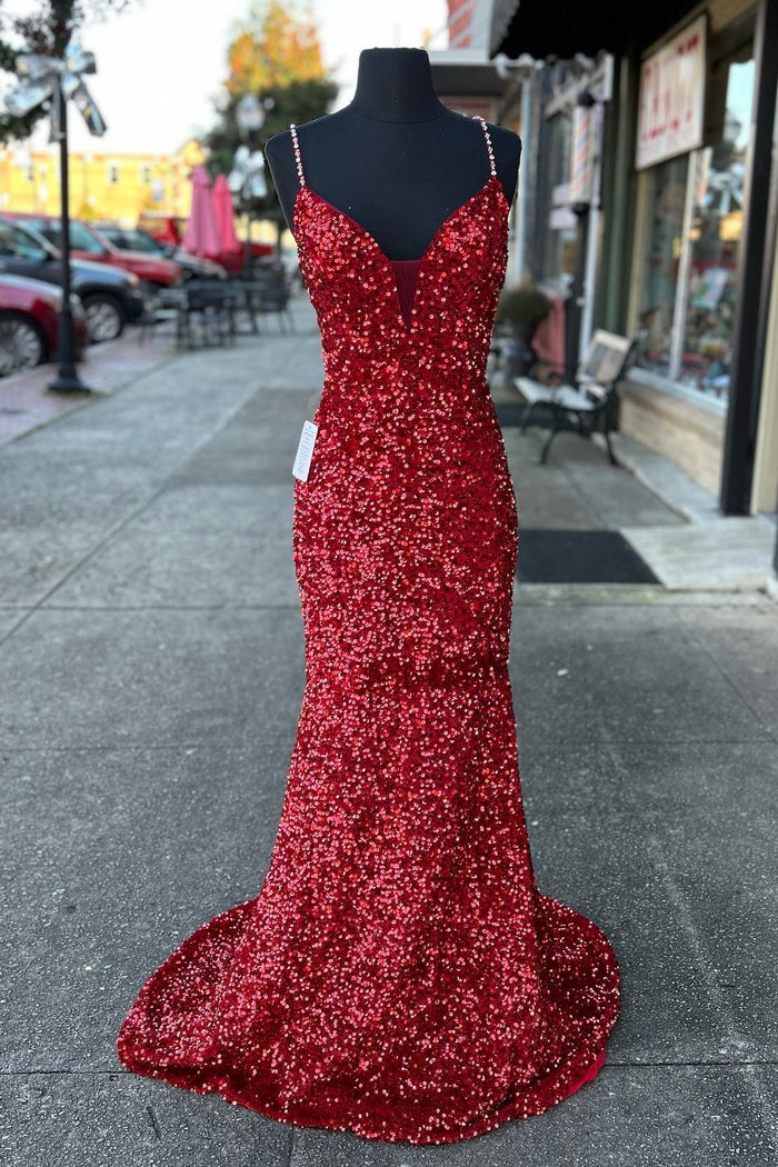 Mermaid Red Sequin V-Neck Lace-Up Back Prom Dress