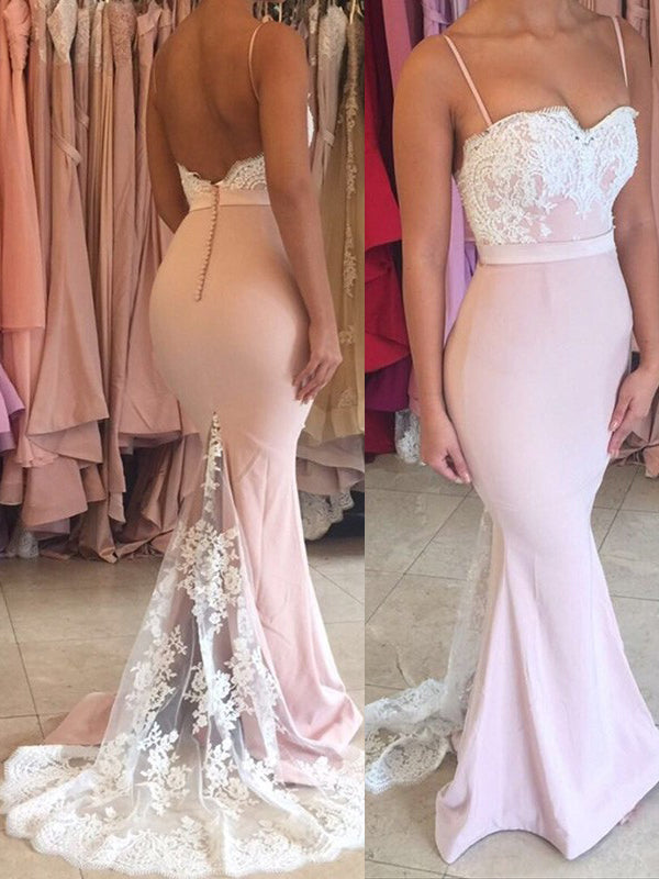 Elegant Straps Mermaid Pink Long Evening Dress with Lace Train