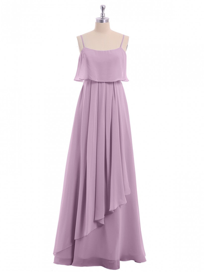 Lavender Chiffon Spaghetti Straps Ruffled A-Line Long Dress