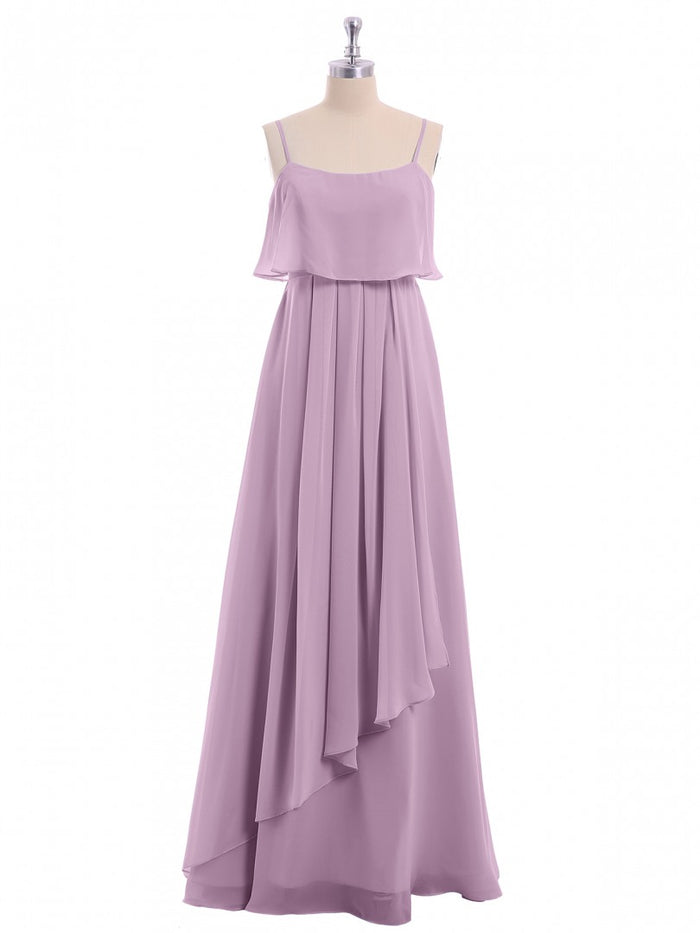 Lavender Chiffon Spaghetti Straps Ruffled A-Line Long Dress