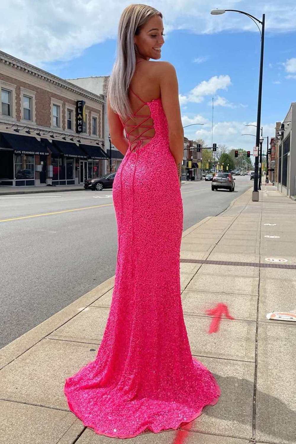 glitter hot pink dress Hot Pink Sequins Lace Prom Gown Single Shoulder Sparkly Prom Dresses with Slit ARD3092 main image 1