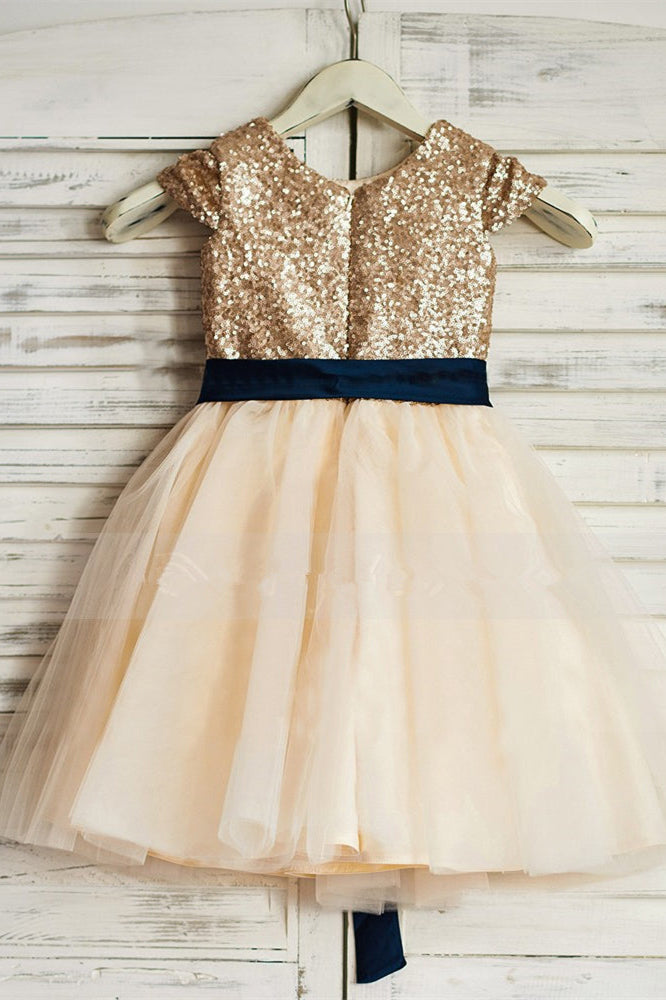 Sparkly Gold Sequins Flower Girl Dress with Navy Blue Sash Dreamdressy