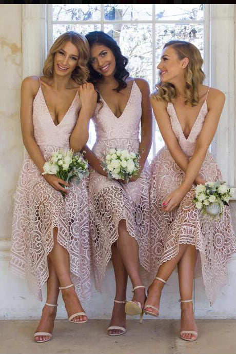 Straps V Neck Tea Length Pink Lace Bridesmaid Dress