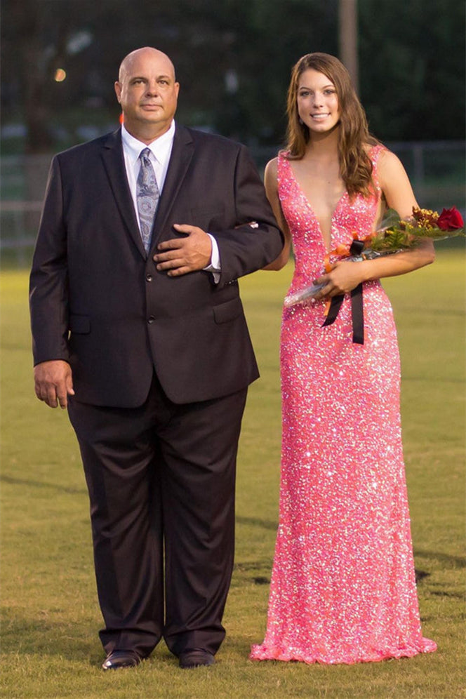 V neck Sequin Mermaid Long Prom Dress