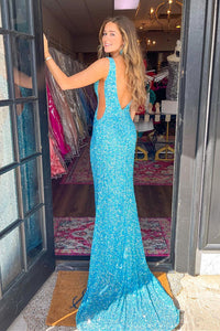 V neck Sequin Mermaid Long Prom Dress