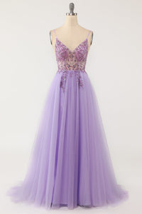 Light Purple A-line Rhinestones Tulle Long Prom Dress