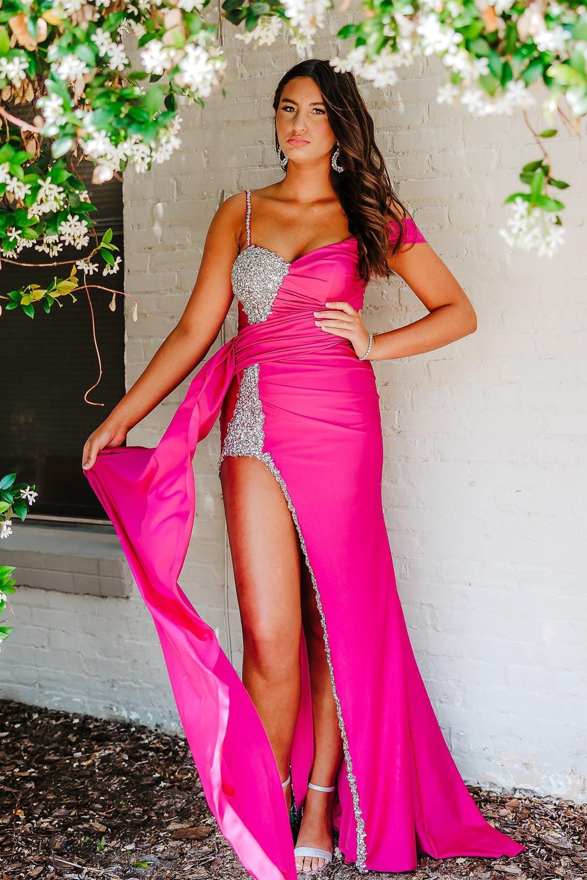 Asymmetrical Magenta Beaded Long Formal Dress with Attached Train
