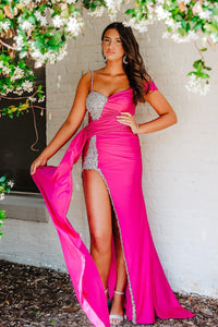Asymmetrical Magenta Beaded Long Formal Dress with Attached Train