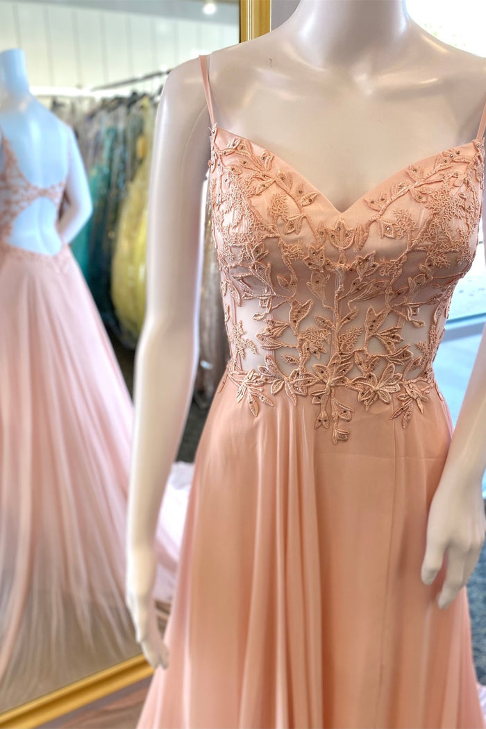 Simple Pink A-line Lace Appliques Chiffon Long Prom Dress