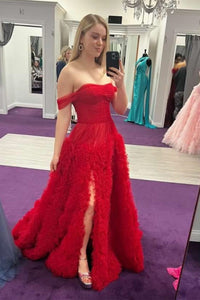 Light Blue Sheer Mesh Off-the-Shoulder Long Prom Dress with Ruffles