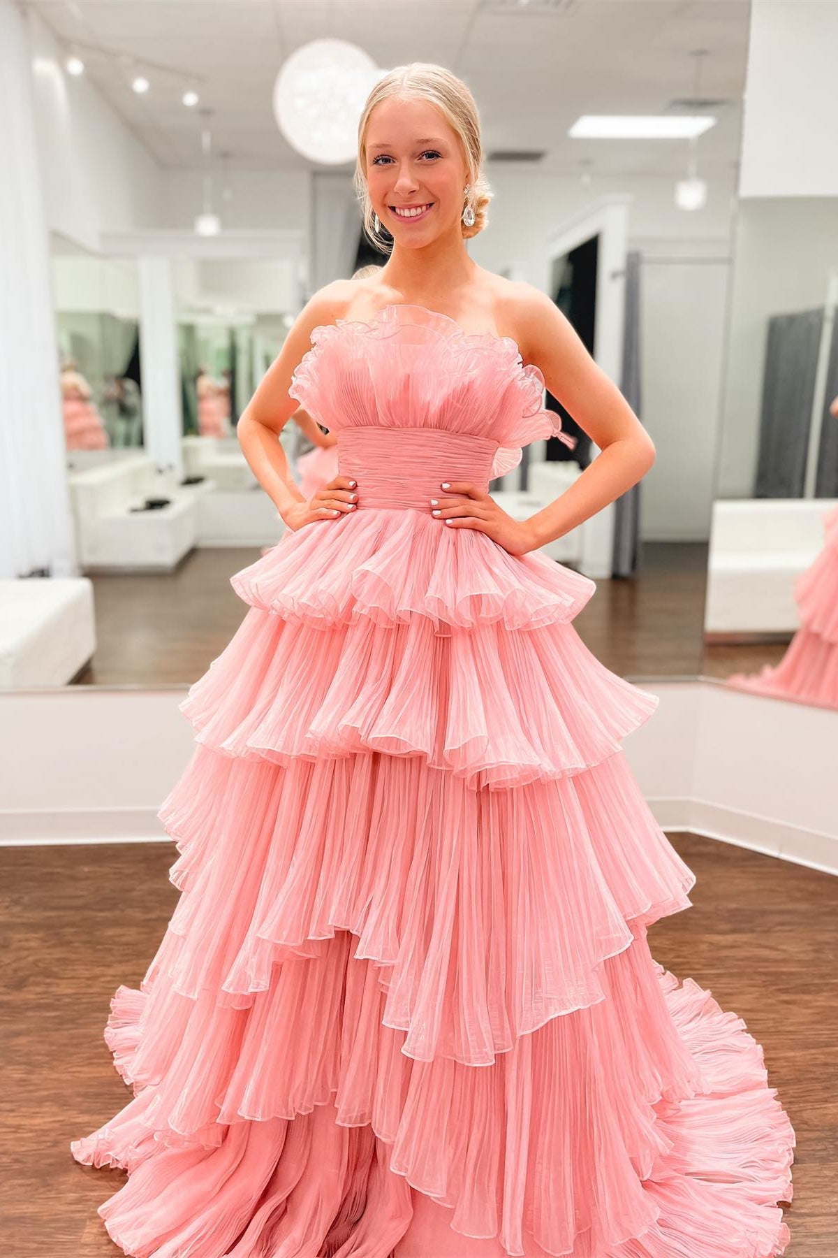 Candy Pink Tulle A-line Strapless Ruffles layers Long Prom Dress