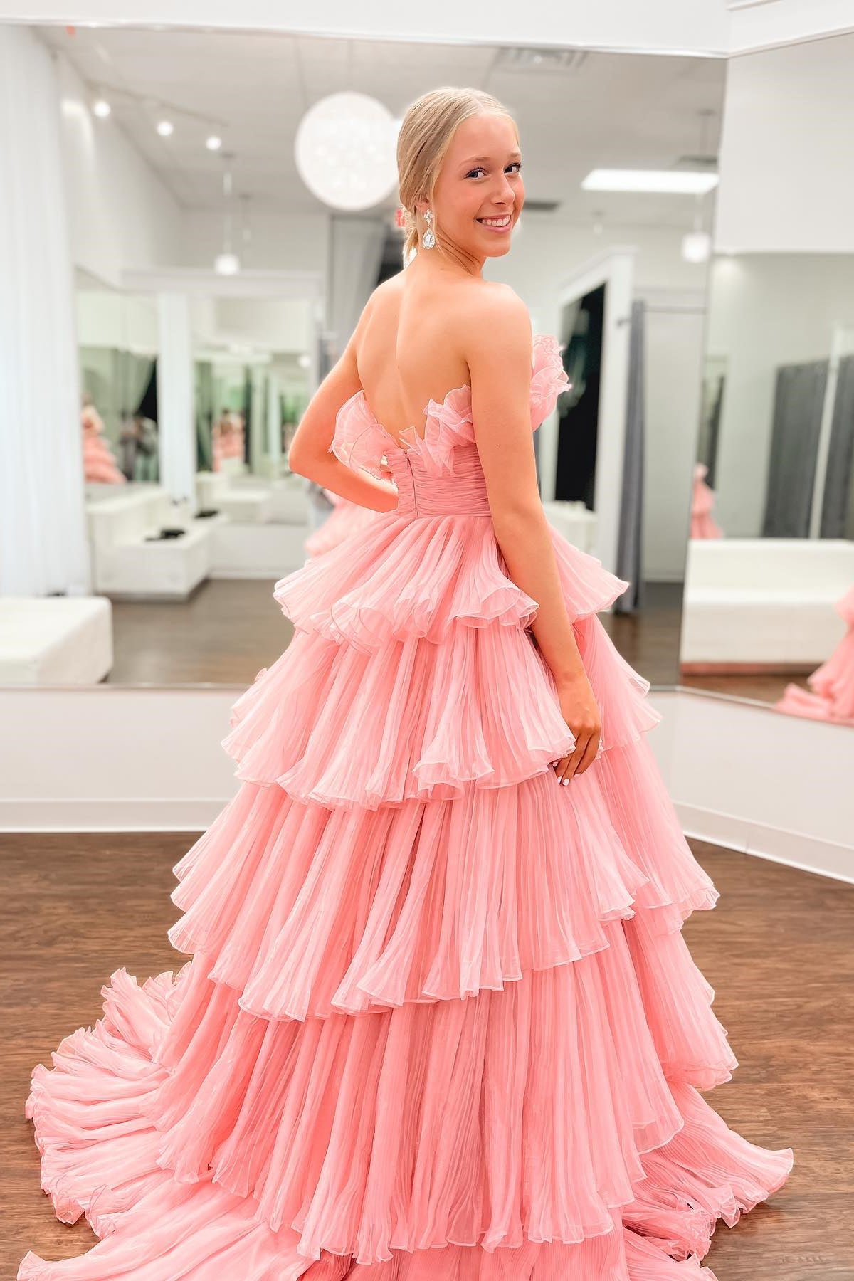 Candy Pink Tulle A-line Strapless Ruffles layers Long Prom Dress