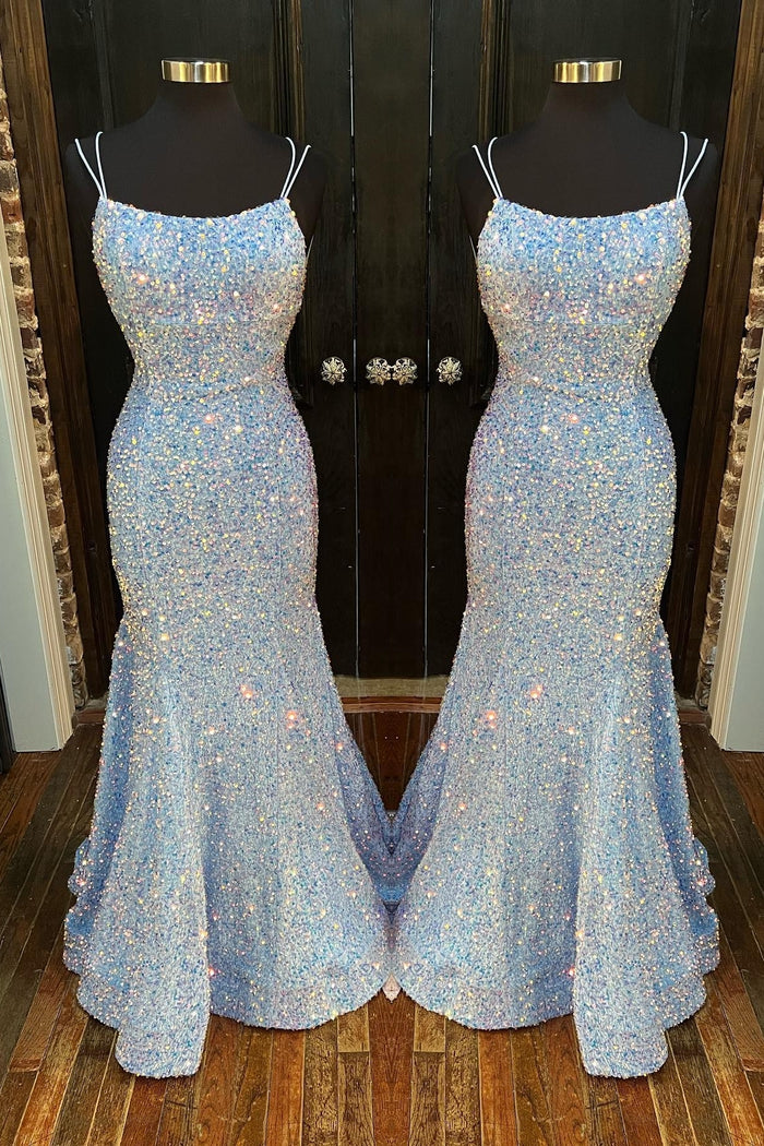 Magenta Sequin Scoop Neck Lace-Up Mermaid Long Formal Dress