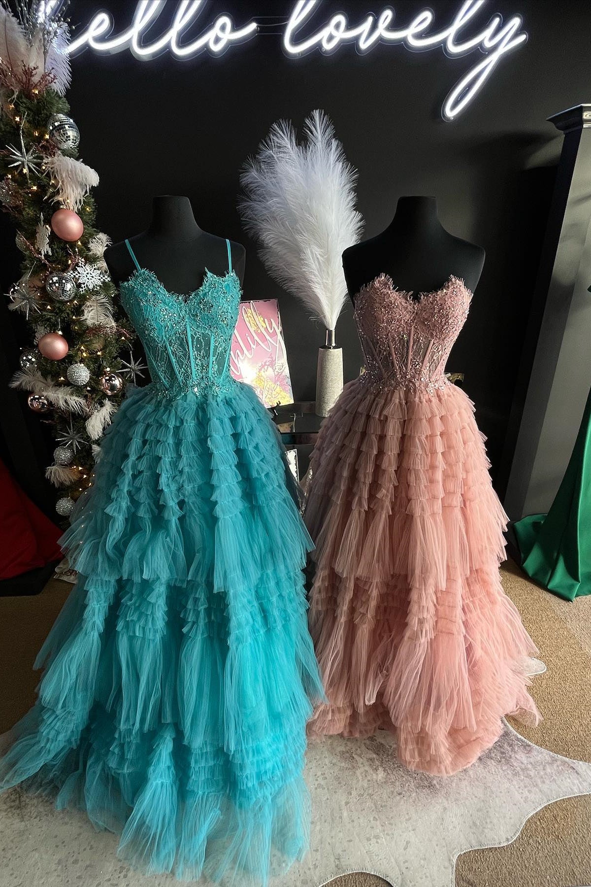 Periwinkle Lace Sweetheart Tiered Long Prom Dress with Ruffles