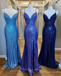 Mermaid Purples Sequins Long Prom Dress with Slit
