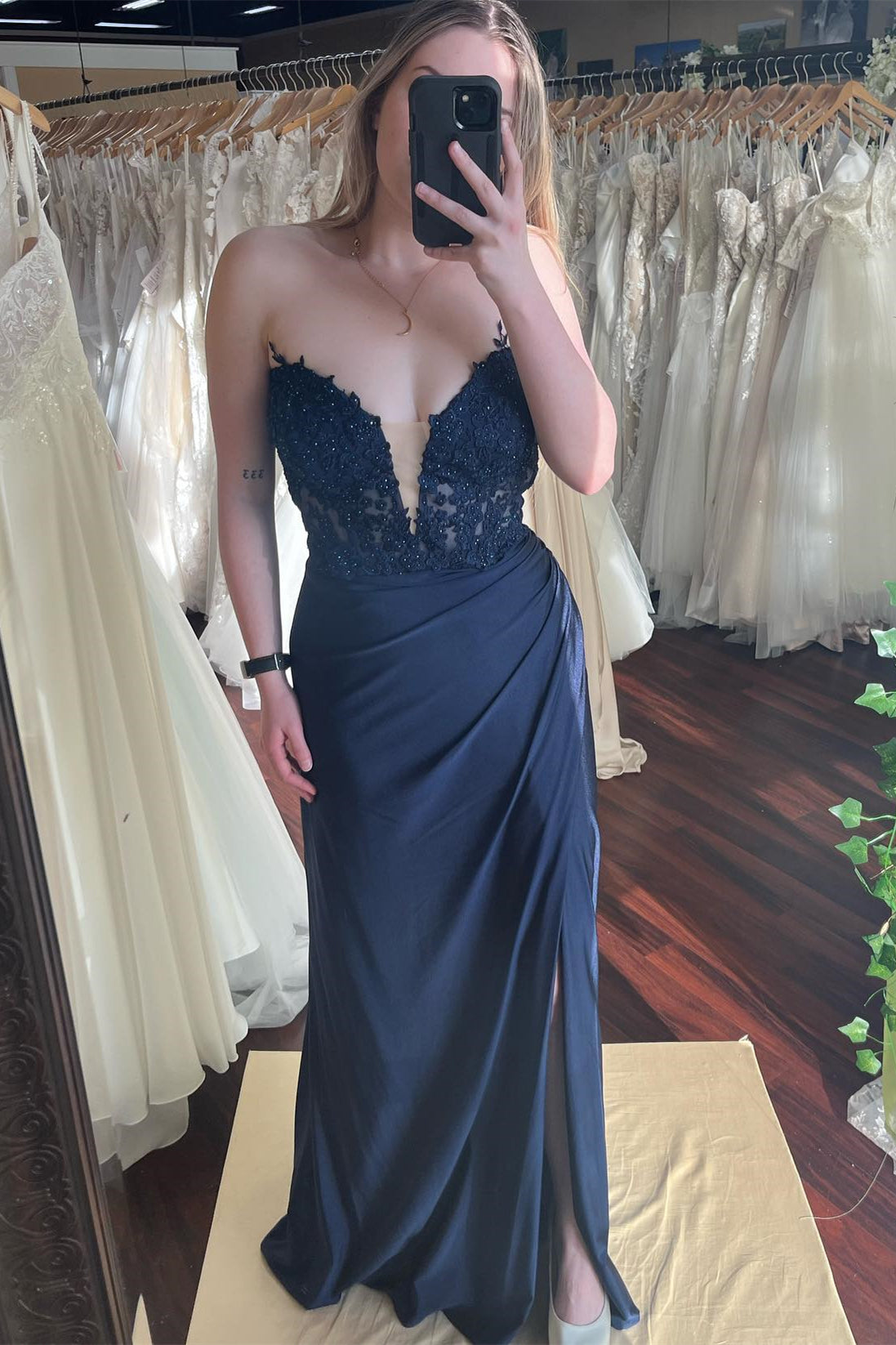 Strapless Burgundy Lace Mermaid Long Formal Dress with Slit