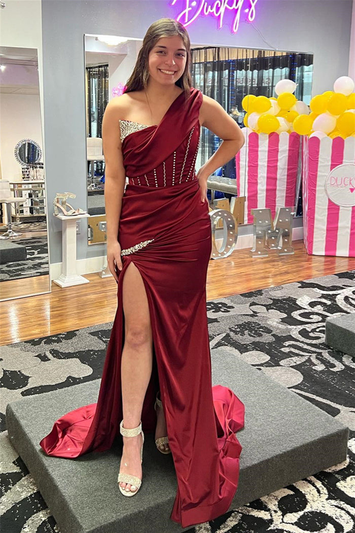 Burgundy One Shoulder Boning Beaded Satin Long Prom Dress with Slit