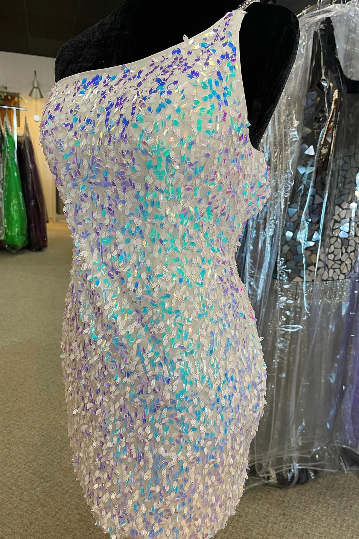 One-Shoulder White Iridescent Cutout Bodycon Mini Dress