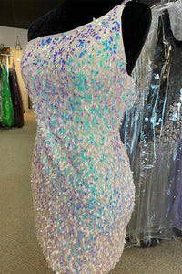 One-Shoulder White Iridescent Cutout Bodycon Mini Dress