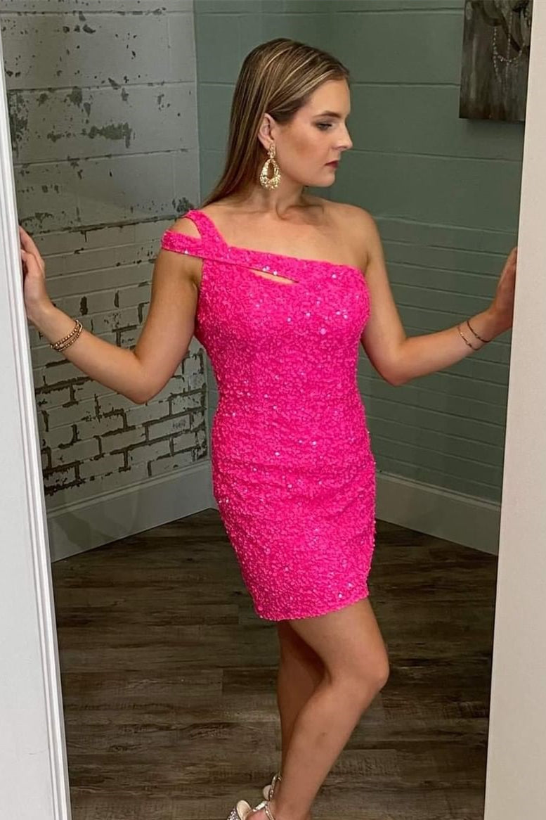 Blue Sequins One-Shoulder Keyhole Mini Homecoming Dress